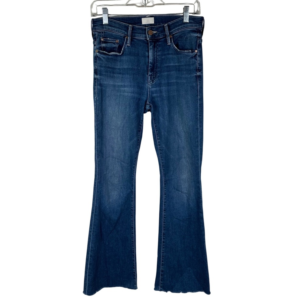 MOTHER The Weekender Fray Jeans Women 27 Blue Flare Denim Boho Raw Hem Pants Mid